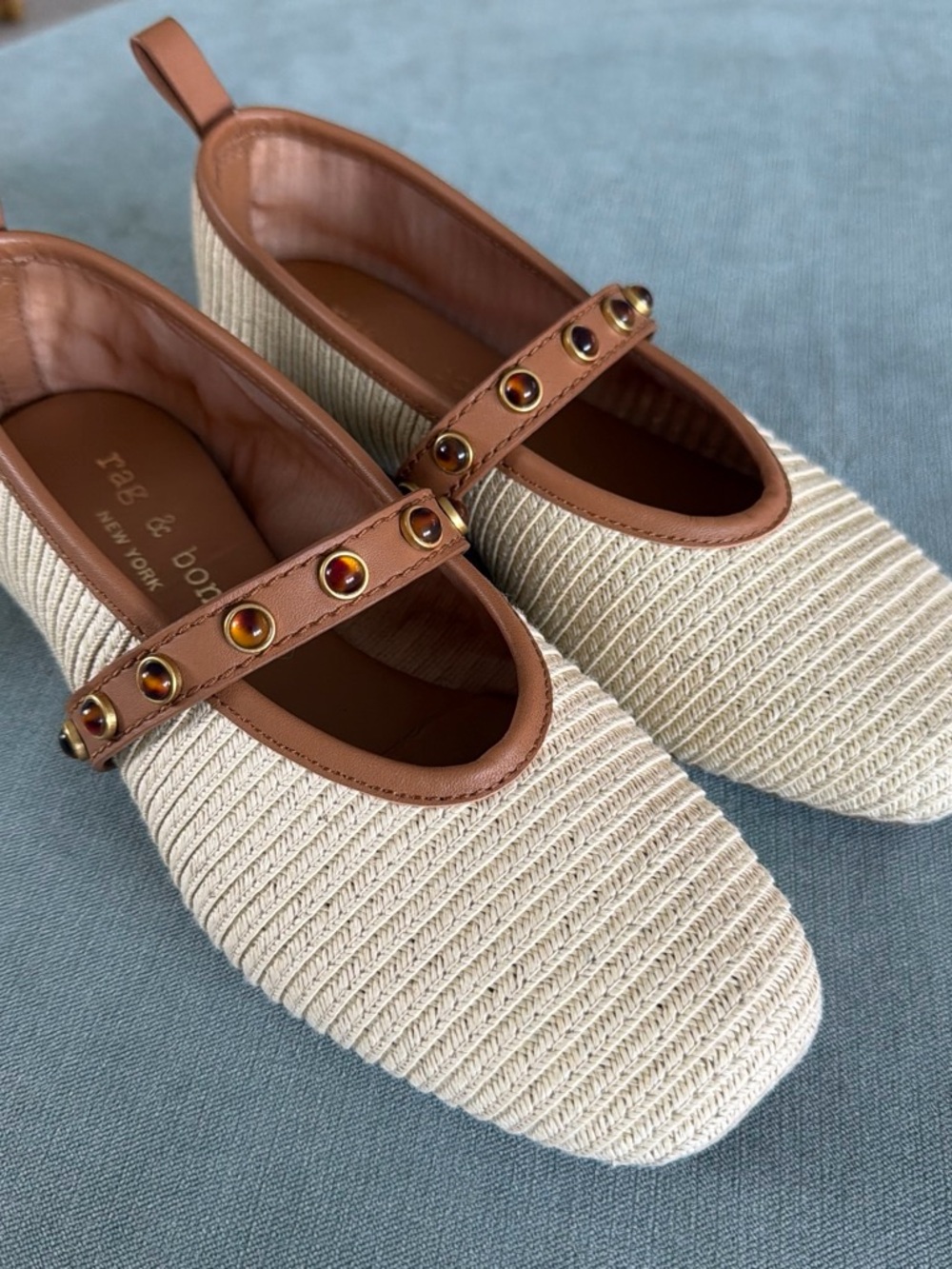 rag & bone Cream Woven Mary Jane Flats with Tan Studded Strap